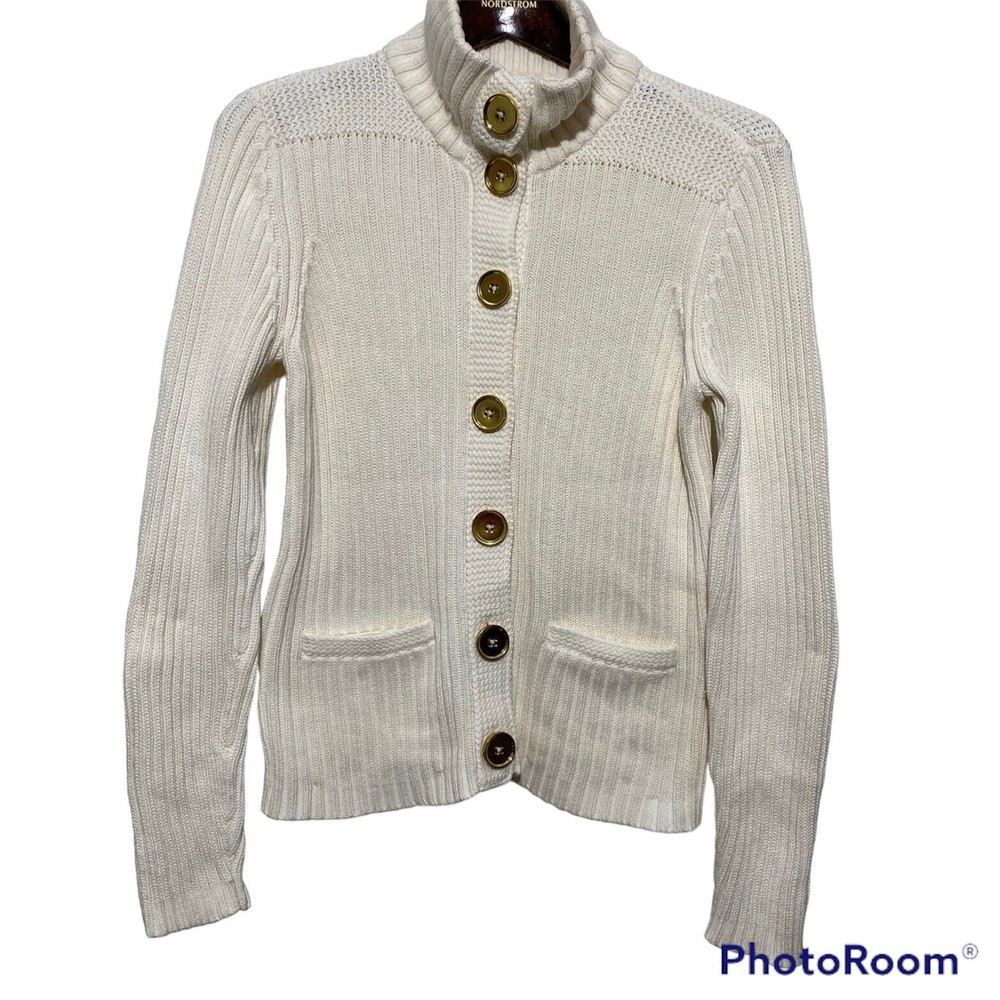 Talbots Cardigan Sweater Women Size M Ribbed Cream Large Gold Button Front